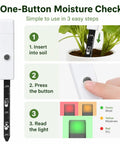 Easy Soil Moisture Meter For Indoor And Outdoor Plants, 3 Color Light Indicator, One Button Soil Tester Probe For Houseplants, Succulents, Garden, Potted Plants, Quick Read For A Healthy Green Thumb in white plastic with probe and button