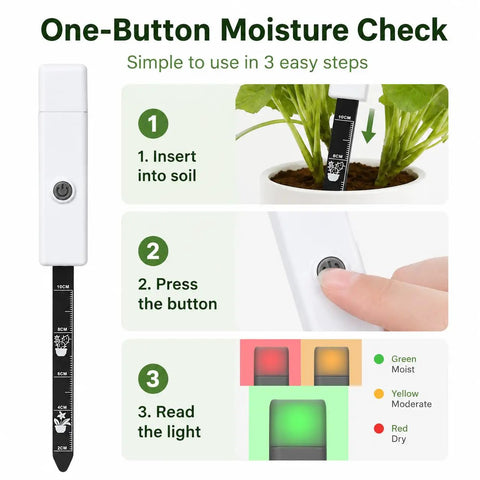 Easy Soil Moisture Meter For Indoor And Outdoor Plants, 3 Color Light Indicator, One Button Soil Tester Probe For Houseplants, Succulents, Garden, Potted Plants, Quick Read For A Healthy Green Thumb in white plastic with probe and button