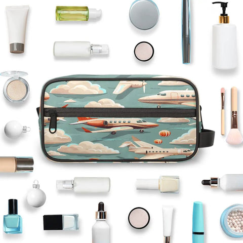 Air Travel Ready Cosmetic Bag For Women, Waterproof Makeup Organizer Pouch with airplane design amidst toiletries