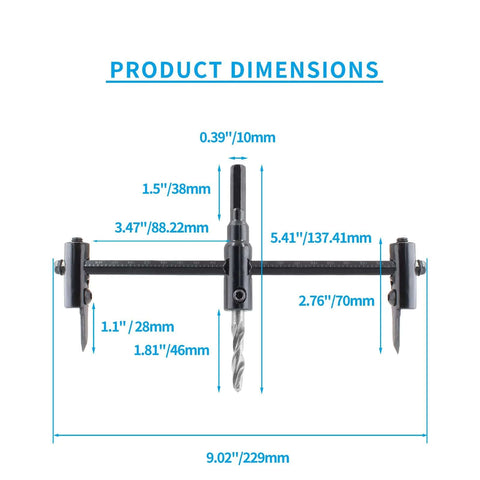LifCratms adjustable hole saw circle cutter, black, front view with central drill bit and scale from 1-3/16" to 7-7/8" (30–200 mm).
