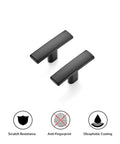 Two curved matte black cabinet pulls with scratch resistance icons, part of a 10 pack for kitchen and home cabinets, zinc alloy.