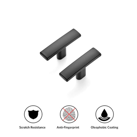 Two curved matte black cabinet pulls with scratch resistance icons, part of a 10 pack for kitchen and home cabinets, zinc alloy.