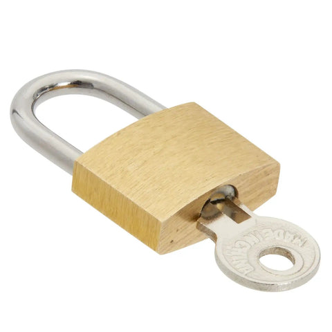 Mini Luggage Locks With Keys 12 Pack For Suitcases Diaries And Jewelry Boxes Travel Security In Gold And Silver Small Keyed Lock Set For Home Or On The Go showing a gold lock with key inserted