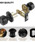 10 Pack Privacy Door Knobs Matte Black Interior Passage Round Lockset With Keyless Entry displayed with latch components