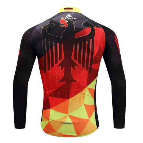 Back view of a colorful long-sleeve cycling jersey with geometric patterns and abstract eagle design.