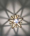 Top view of Clear Glass Moravian Star Tiffany Style Semi Flush Mount Ceiling Fixture 12 Inch With Classic Stained Glass Glow casting shadows