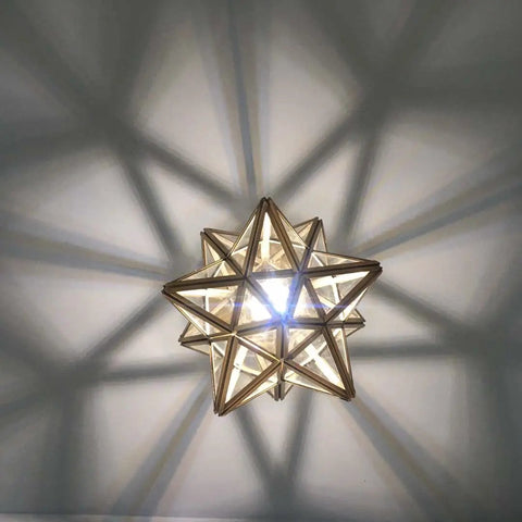 Top view of Clear Glass Moravian Star Tiffany Style Semi Flush Mount Ceiling Fixture 12 Inch With Classic Stained Glass Glow casting shadows