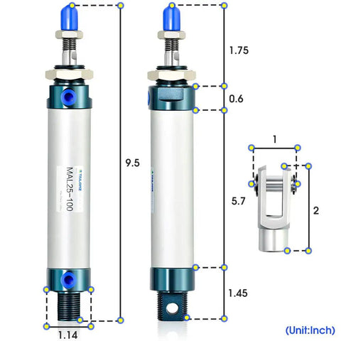 25mm Bore 100mm Stroke Heavy Duty Pneumatic Air Cylinder Double Acting With Y Connector And Two 6mm Fittings MAL25x100
