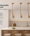 Wood Pendant Light with Natural Travertine Shade, Mini E27 Socket Droplight hanging above a kitchen island with adjustable cord.