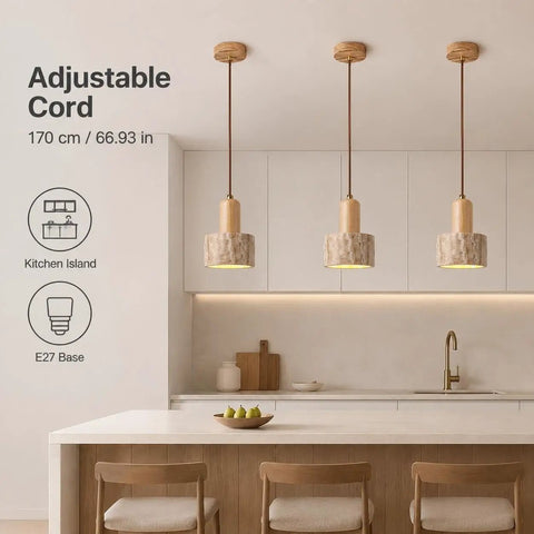 Wood Pendant Light with Natural Travertine Shade, Mini E27 Socket Droplight hanging above a kitchen island with adjustable cord.