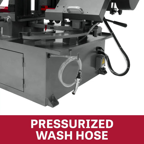 Heavy Duty 10 By 18 Inch Horizontal Dual Mitering Bandsaw With 2 HP Motor, 230 460V 3 Phase, Hydraulic Downfeed, Magnetic Starter, Automatic Blade Breakage Sensor, Steel Base For Stable Metal Cutting, A Real Workhorse