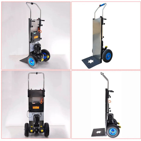 Heavy Duty Electric Hand Truck Stair Climber With Telescopic Handle And Removable 48 Volt Battery, side and back views showcasing wheels and motor.