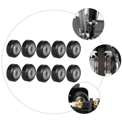 Top Notch V Shape Groove Plastic Bearing Pulleys For 3D Printer Rollers 5mm Bore 10 Pack shown with application details