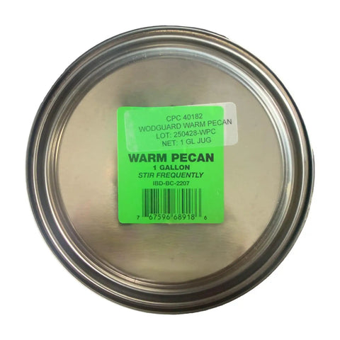 Heavy Duty Exterior Wood Preservative And Semi Transparent Stain In Warm Pecan With Bad Ass Termite And Decay Protection Plus UV Shield For Log Homes Siding And Fences One Coat Miracle 1 Gallon Can top view of 1 gallon can with warm pecan label.