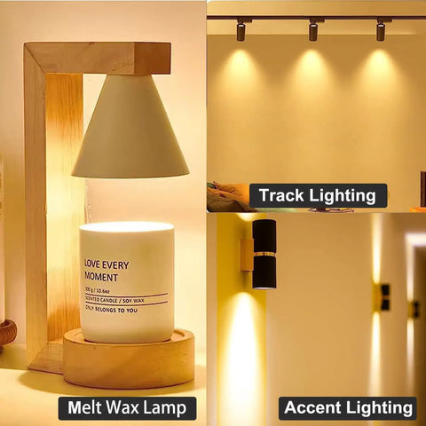 Track and accent lighting with warm white glow, highlighting use of GU10 Halogen Bulb Dimmable 50W 120V Warm White 2800K With Glass Cover