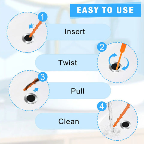 Steps to use Six Pack Hair Drain Clog Remover Tools Set with Flexible Plastic Drain Snakes for kitchen sink bathroom tub toilet.