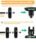 Luggage Wheel Replacement Kit For Suitcases And Trolleys 2.13 Inch Diameter 54mm Eight Silent Wear Resistant Swivel Wheels With Three Axle Sizes 30mm 36mm 50mm Includes Washers Screws Spacers Adapter Rings And Wrench For Easy Travel Bag Repair instructional diagram.