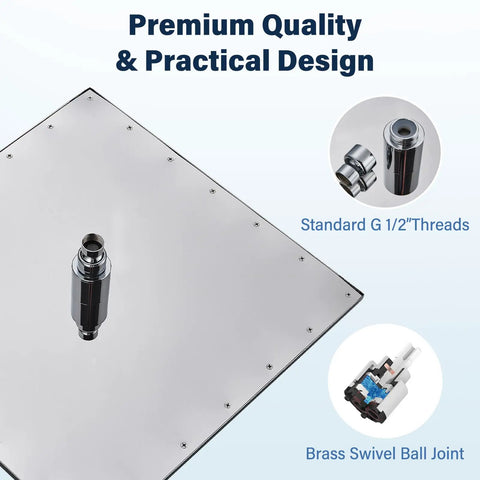 High Pressure Universal Rain Shower Head With LED Chrome Square Design, brass swivel and G 1/2" threads highlighted