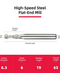 Beefy 6.5mm 2 Flute HSS End Mill Cutter With Straight Shank Center Cutting For Slot And Keyway Milling, dimensions illustrated.