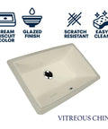 Undermount Bathroom Sink 19 By 11 Inch Interior Rectangular Bowl For Vanity With Overflow In Warm Biscuit Cream Glossy Vitreous China Finish Scratch And Stain Resistant And Easy Install with cream biscuit color, glazed finish, and easy clean features.
