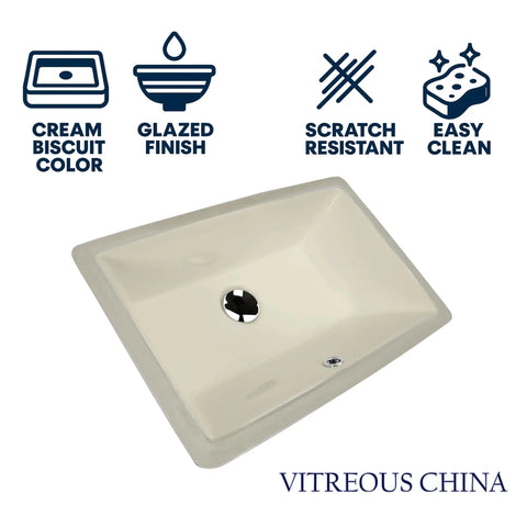 Undermount Bathroom Sink 19 By 11 Inch Interior Rectangular Bowl For Vanity With Overflow In Warm Biscuit Cream Glossy Vitreous China Finish Scratch And Stain Resistant And Easy Install with cream biscuit color, glazed finish, and easy clean features.