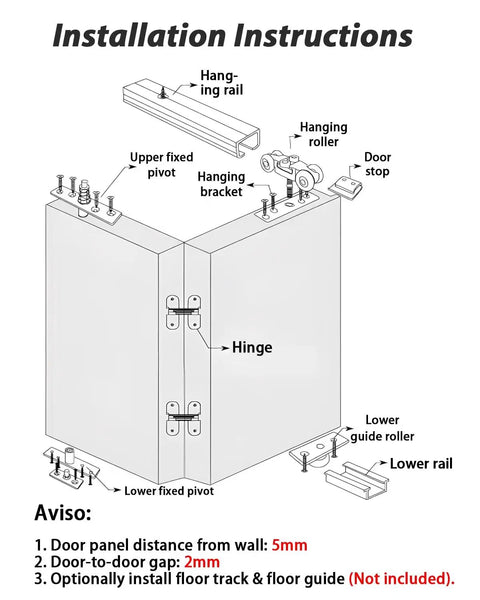 Ultimate Folding Door Track Kit With Wall Mounted Rail And Silent Ball Bearing Rollers Fits Wood Doors 25 To 45mm Thick With Adjustable 90cm To 3 Meter Run No Bottom Track Means Easier Cleaning While Installing Is A Breeze For Smooth Operation installation diagram