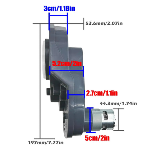 Side view of Beefed-Up 280W RS775 High Speed Motor Gearbox For Ride On Toys And UTVs, dimensions labeled in cm and inches.