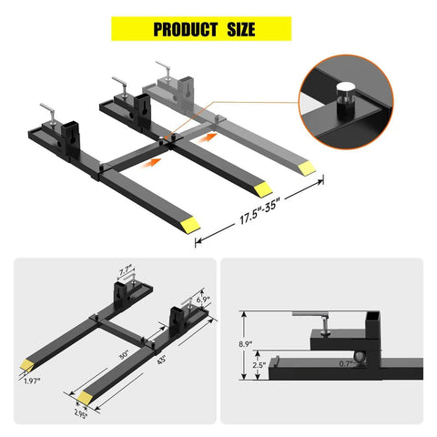 Diagram showing Pro Grade Heavy Duty Clamp On Pallet Forks, 2000 Lb Capacity, 43 Inch Length With Adjustable Stabilizer Bar dimensions