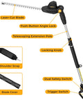 Cordless Pole Hedge Trimmer With 14-Foot Reach And 18-Inch Cutting Head, features labeled, extension pole, dual safety switch