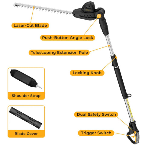 Cordless Pole Hedge Trimmer With 14-Foot Reach And 18-Inch Cutting Head, features labeled, extension pole, dual safety switch