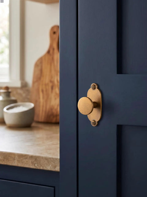 Premium Antique Brass Cabinet Knobs Paired With Elegant Oval Backplates 6 Pack on navy kitchen cabinet door.