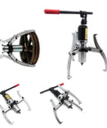 Heavy Duty 5 Ton 3 Jaw Hydraulic Gear Puller With 360 Degree Flexibility for wheel hubs and bearings, shown in various angles.