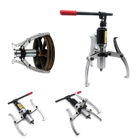 Heavy Duty 5 Ton 3 Jaw Hydraulic Gear Puller With 360 Degree Flexibility for wheel hubs and bearings, shown in various angles.