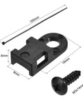 Heavy Duty Nylon Cable Clips With Screws And Ties, 100 Pack Set For Home Office Desk Organization, close-up of black clip with dimensions and screw.