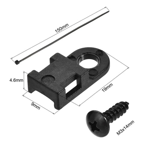 Heavy Duty Nylon Cable Clips With Screws And Ties, 100 Pack Set For Home Office Desk Organization, close-up of black clip with dimensions and screw.