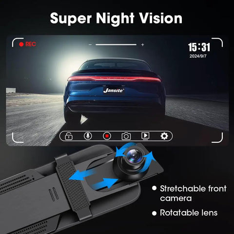 10 Inch Full Touch Screen Rear View Mirror Dash Cam With Front And Rear 1080P Cameras, Super Night Vision display.