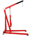 True Garage Workhorse Heavy Duty Steel Folding Engine Hoist with hydraulic lift and adjustable boom, red finish.