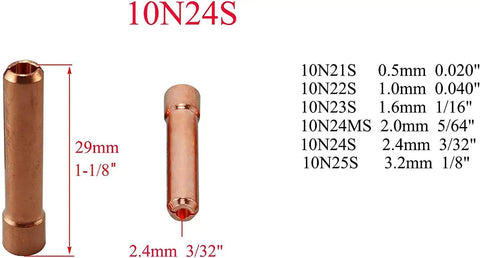 TIG Stubby Collets 2.4mm and 3/32 Inch Orifice, brass body, dimensions 29mm x 1-1/8 Inch. Suitable for PTA DB SR WP 17 18 26 torches.