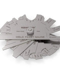 Stainless steel Metal Weld Fillet Gage Set 7 Piece For Fillet Leg And Throat Size Check displayed in fan layout showing increments.