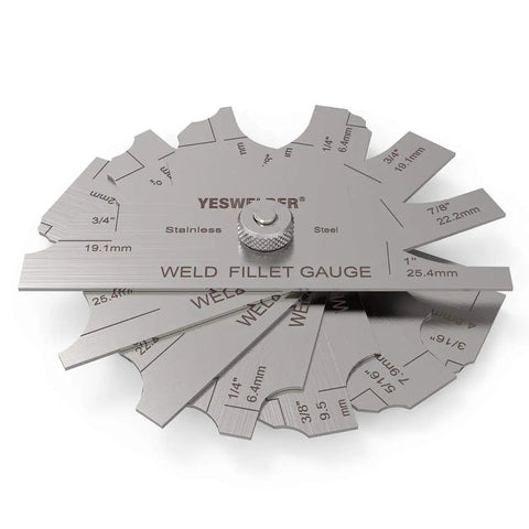 Stainless steel Metal Weld Fillet Gage Set 7 Piece For Fillet Leg And Throat Size Check displayed in fan layout showing increments.
