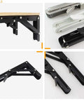 Black Powder Coated Folding Shelf Brackets 10 Inch Heavy Duty Metal Collapsible Shelf Brackets For Bench Table And Wall Mount Space Saving DIY Hinge Max Load 260 Lb 2 Pack with angle and hinge details