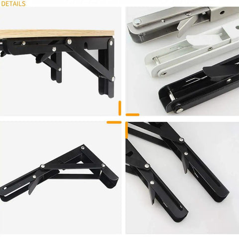Black Powder Coated Folding Shelf Brackets 10 Inch Heavy Duty Metal Collapsible Shelf Brackets For Bench Table And Wall Mount Space Saving DIY Hinge Max Load 260 Lb 2 Pack with angle and hinge details