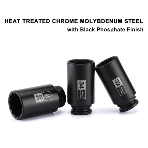 Deep Axle Nut Socket Set For One Half Inch Drive With 12 Point Design Extra Deep Impact Sockets 29mm To 39mm CR MO Steel