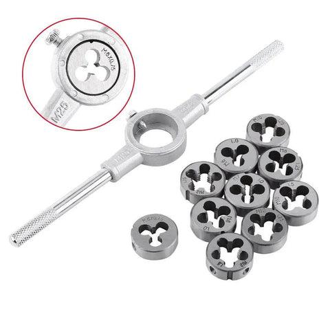 M6 To M12 Screw Die Set With Adjustable Wrench For External Threading, Precision Bearings Steel Hand Tools For Auto Mechanics Machinists DIY Guys Cutting Coarse Threads Smoothly On The Fly. M6-M12 steel die set with adjustable wrench and 10 thread dies