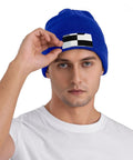 Kick Cold Weather To The Curb With This Straight Up Cozy Black And White Piano Plate Grid Knit Hat Crafted From Ultra Plush Acrylic Fiber For No Cap Winter Warmth Indoors Or Stepping Outside, blue beanie with black and white accent.