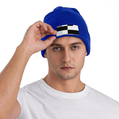 Kick Cold Weather To The Curb With This Straight Up Cozy Black And White Piano Plate Grid Knit Hat Crafted From Ultra Plush Acrylic Fiber For No Cap Winter Warmth Indoors Or Stepping Outside, blue beanie with black and white accent.