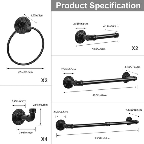 Industrial Style 10 Piece Bathroom Hardware Set Boss Black Finish Includes 18 Inch and 25 Inch Towel Bars Specifications