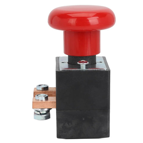 Heavy Duty Emergency Push Button Switch For Forklift And Pallet Jack With Metal Housing DC 80V seen from the side with a red top.