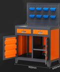 Built Legit Tough Heavy Duty Garage Workbench With Pegboard And Hanging Parts Bins For Your Shop featuring blue bins and lockable drawers.