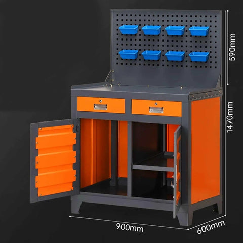 Built Legit Tough Heavy Duty Garage Workbench With Pegboard And Hanging Parts Bins For Your Shop featuring blue bins and lockable drawers.